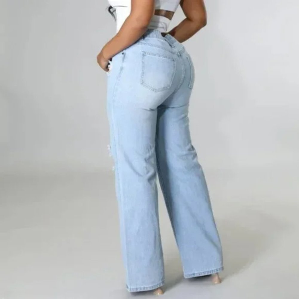 Blue High Waist Ripped Distressed Wide Leg Jeans Denim Pants - Picture 5 of 12
